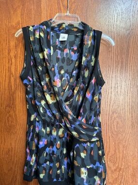 CAbi Sleeveless Draped Cowl Neck Top in Black Multi Print Size Small